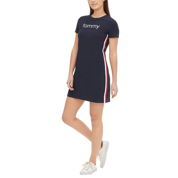 SOLD TOMMY HILFIGER WOMEN'S EMBROIDERED LOGO SIDE STRIPE T-SHIRT DRESS NAVY - Picture 4 of 7